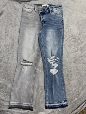 Velvet Two-Tone Distressed Jeans in Light Gray and Medium Blue